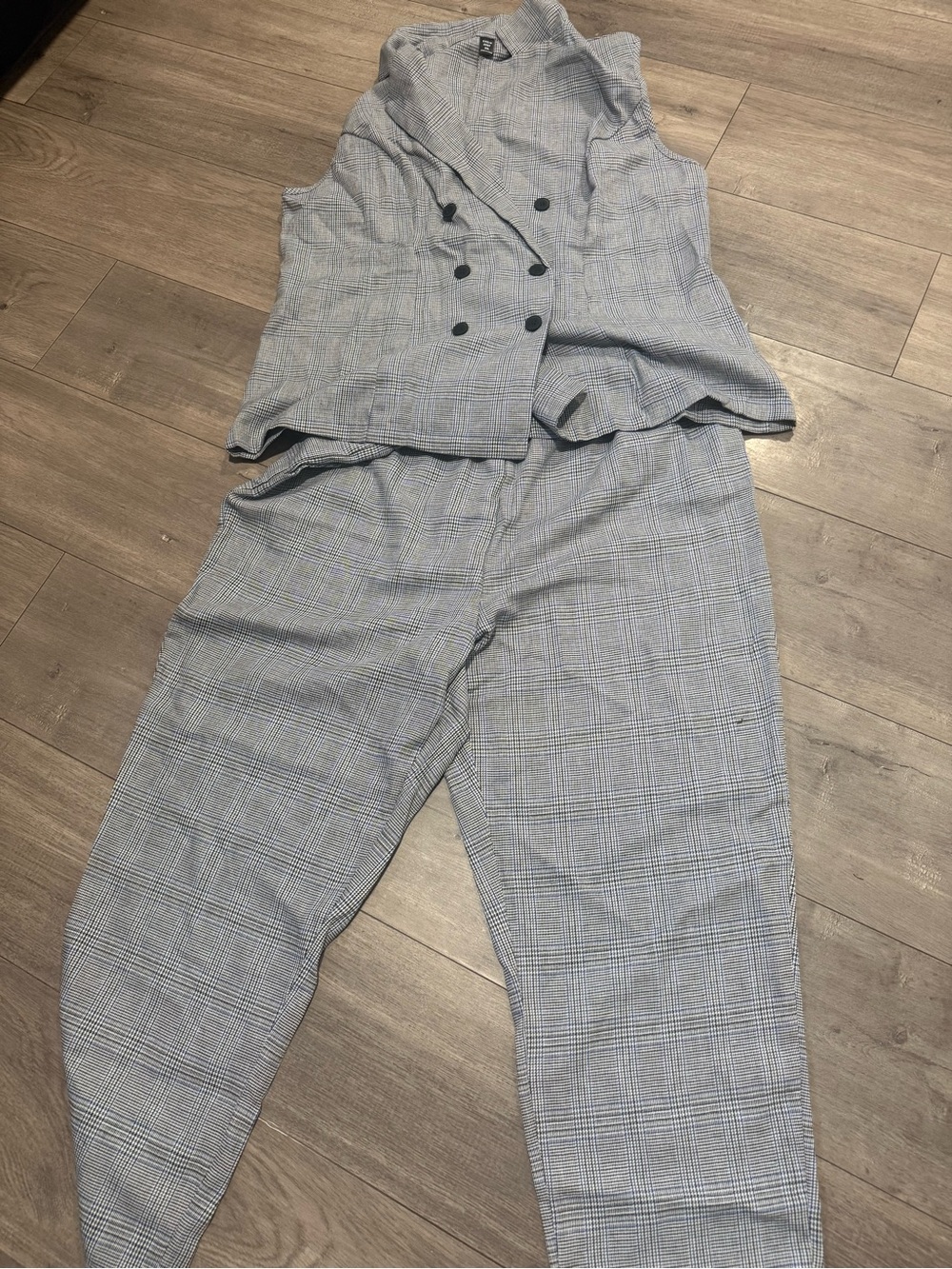 SHEIN Grey Plaid Double-Breasted Vest & Pants Set